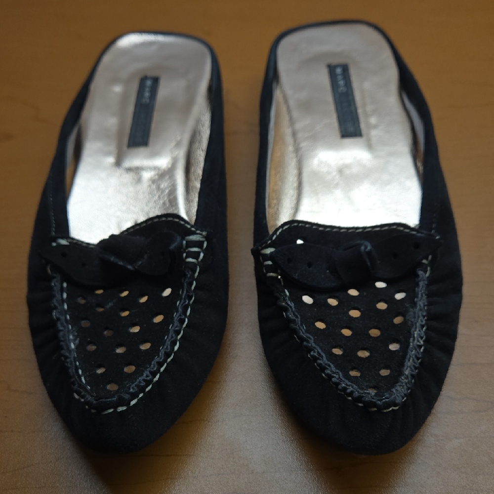 Marc Jacobs Black Suede Bow Preforated Flat Mules Size 7.5